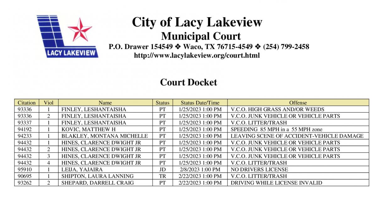 Court Docket City of Lacy Lakeview Texas
