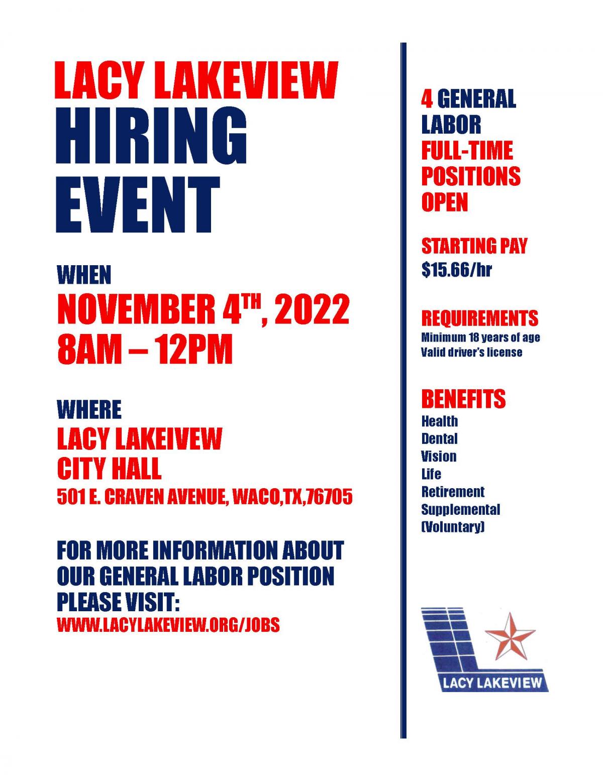 Lacy Lakeview Hiring Event City of Lacy Lakeview Texas